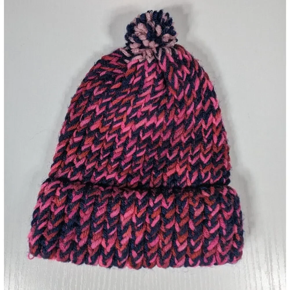 Crochet Hat Youth SIze Homade Pink Blue Pom Beanie